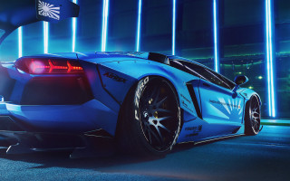 Blue sports car building flag - roof free wallpaper