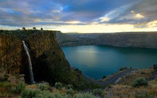 Lake cliff waterfall forest sunset - christo free wallpaper