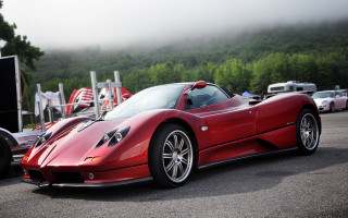 Red sports car forest foggy - a forest of trees free wallpaper