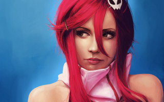 Redhair skullheadband pinkshirt photorealism portrait - a pink shirt free wallpaper