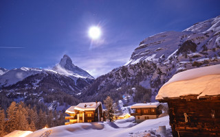 Mountain house fullmoon snowy night - a few snow covered mountains free wallpaper