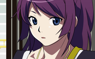 Purple hair blue eyes smile - cel free wallpaper