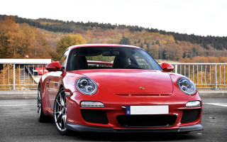 Red porsche mountain trees parking - redshift free wallpaper