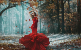 Red dress forest autumn leaves 2 - a tree in the background free wallpaper