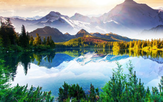 Mountain lake nature sunset landscape - a painting of a mountain lake free wallpaper