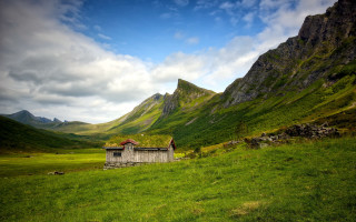 Small house field mountains cloudy - cloudy free wallpaper