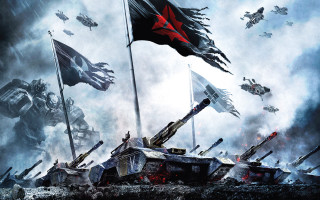 Tanks flags clouds matte painting - a sky free wallpaper