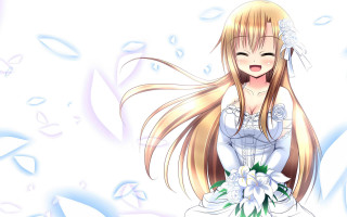 Woman longhair whitedress bouquet smiling - a white dress holding free wallpaper