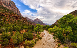 River forest rocks cloudy sky 2 - beautiful landscape free wallpaper