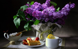Pancakes coffee flowers tea kettle - professional food photography free wallpaper for desktop