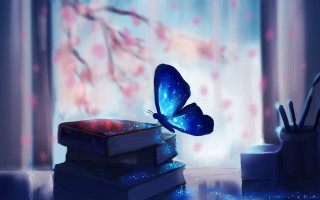 Blue butterfly over books spring - a blue curtain free wallpaper