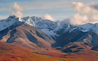 Mountain range snow capped river - the valley below free wallpaper