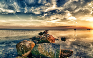 Rock beach sunset horizon boat - beach free wallpaper