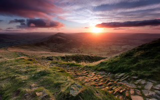Sunset grassy hill path mountain - a path free wallpaper