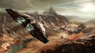 Futuristic fighter plane desert city - over a desert landscape free wallpaper