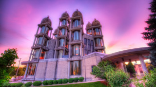 Neo gothic cityscape pink purple - david lachapelle free wallpaper