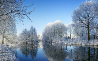River snow covered trees blue - a matte painting free wallpaper