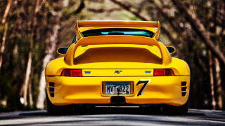 Yellow sports car parked street - the back of the car free wallpaper