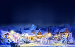 Snowy village lit christmas tree - a snowy landscape free wallpaper