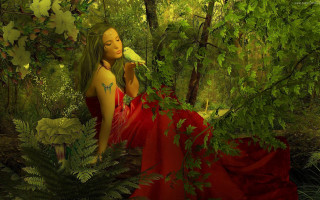 Woman red dress forest bird - matte fantasy painting free wallpaper