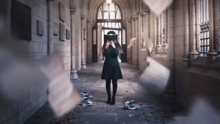 Woman hallway hat book building - surreal photography free wallpaper
