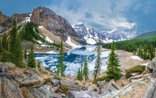 Mountain lake forest sky rocks 6 - a mountain lake free wallpaper