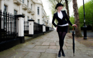Woman black suit hat umbrella - art deco free wallpaper