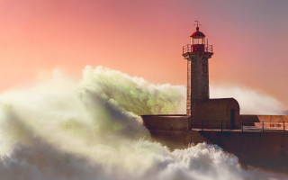 Lighthouse wave ocean sunset pink - in the ocean free wallpaper