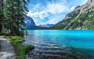 Man lake mountains bridge nature - green tree free wallpaper