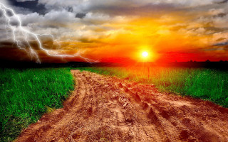 Dirt road field lightning red - apocalyptic free wallpaper