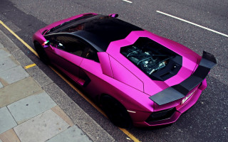 Pink sports car hood up - the side of the road free wallpaper
