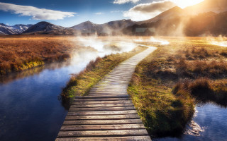 Wooden walkway water steam mountains - steam free wallpaper