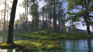 Forest lake trees grassy bank - a painting of a forest free wallpaper