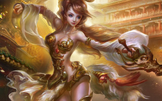 Fantasy woman sword building clock - a costume free wallpaper