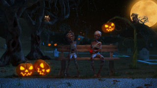 Skeletons bench cemetery pumpkins fullmoon - chris labrooy free wallpaper