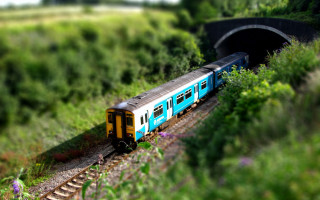 Train tunnel field bridge flowers - tilt shift free wallpaper