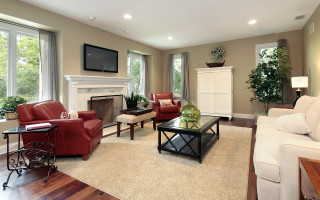 Living room fireplace television couch - neutral free wallpaper