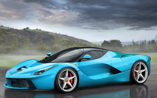 Blue sports car mountain cloud - a wet surface free wallpaper