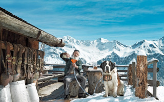 Woman bench dog snow mountains - eric de kolb free wallpaper