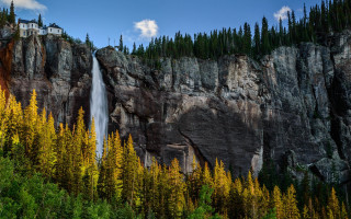 Waterfall trees mountain house blue - arthur quartley free wallpaper