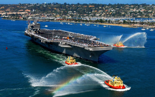 Ship rainbow cityscape beach mountain - the water behind free wallpaper