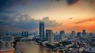 City skyline river bridge sunset 3 - a matte painting free wallpaper for desktop