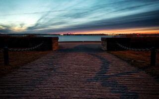 Fence pathway sunset city river - sunset free wallpaper