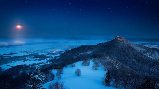 Castle mountain night fullmoon snowy - a castle free wallpaper