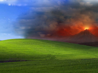 Green field mountain red cloud - matte painting free wallpaper