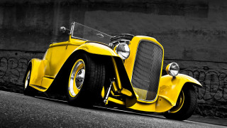 Yellow car artdeco digital rendering - the side of a road next free wallpaper
