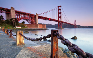 Fence water bridge sunset mountain - the bridge free wallpaper