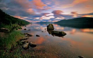 Lake rocks grass sunset clouds - david paton free wallpaper
