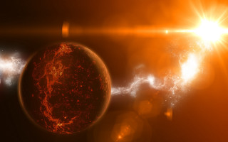 Bright orange sunshine over planet - over a planet free wallpaper
