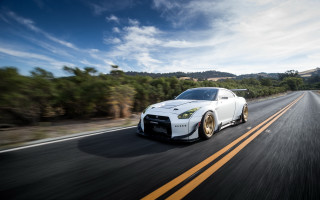 White sports car road trees - motion blur free wallpaper for desktop